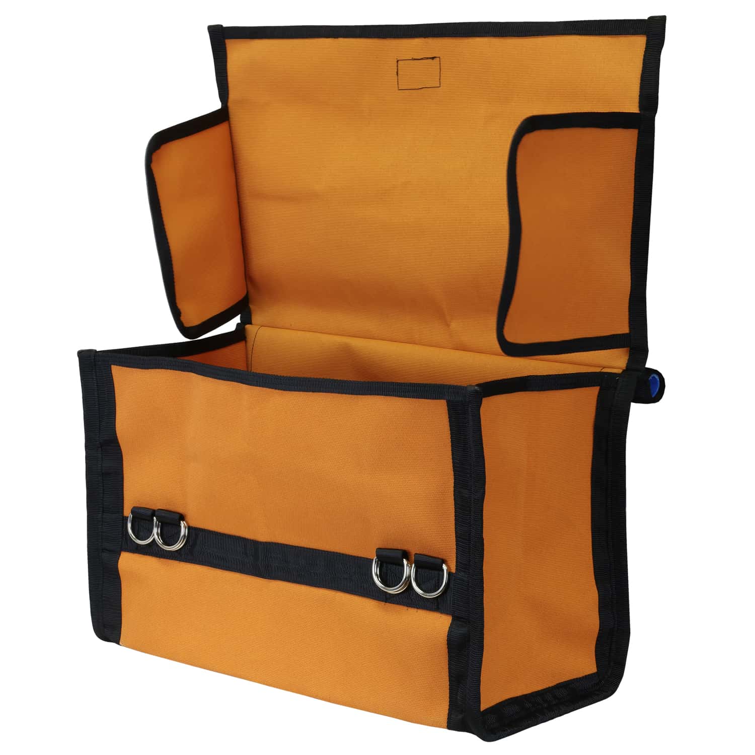 one iron cloth pannier bag with lid open