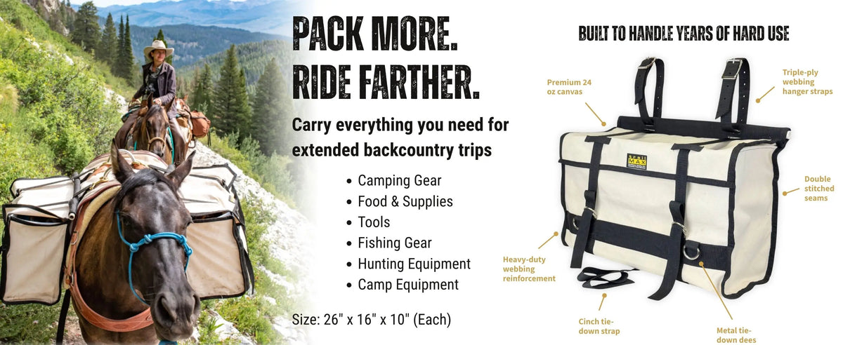 TrailMax Canvas Pack Panniers carry everything from camping gear, food, supplies, tools, fishing gear, hunting equipment, camp equipment.