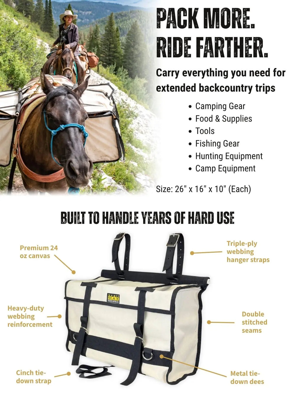 TrailMax Canvas Pack Panniers carry everything from camping gear, food, supplies, tools, fishing gear, hunting equipment, camp equipment.