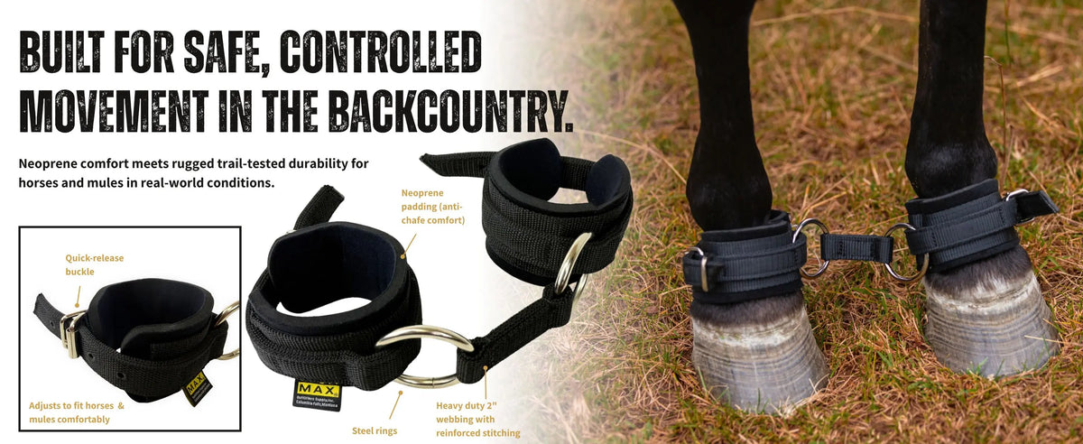 Neoprene hobbles feature steel rings, heavy duty webbing, quick release buckle for easy adjustments for horses and mules. 