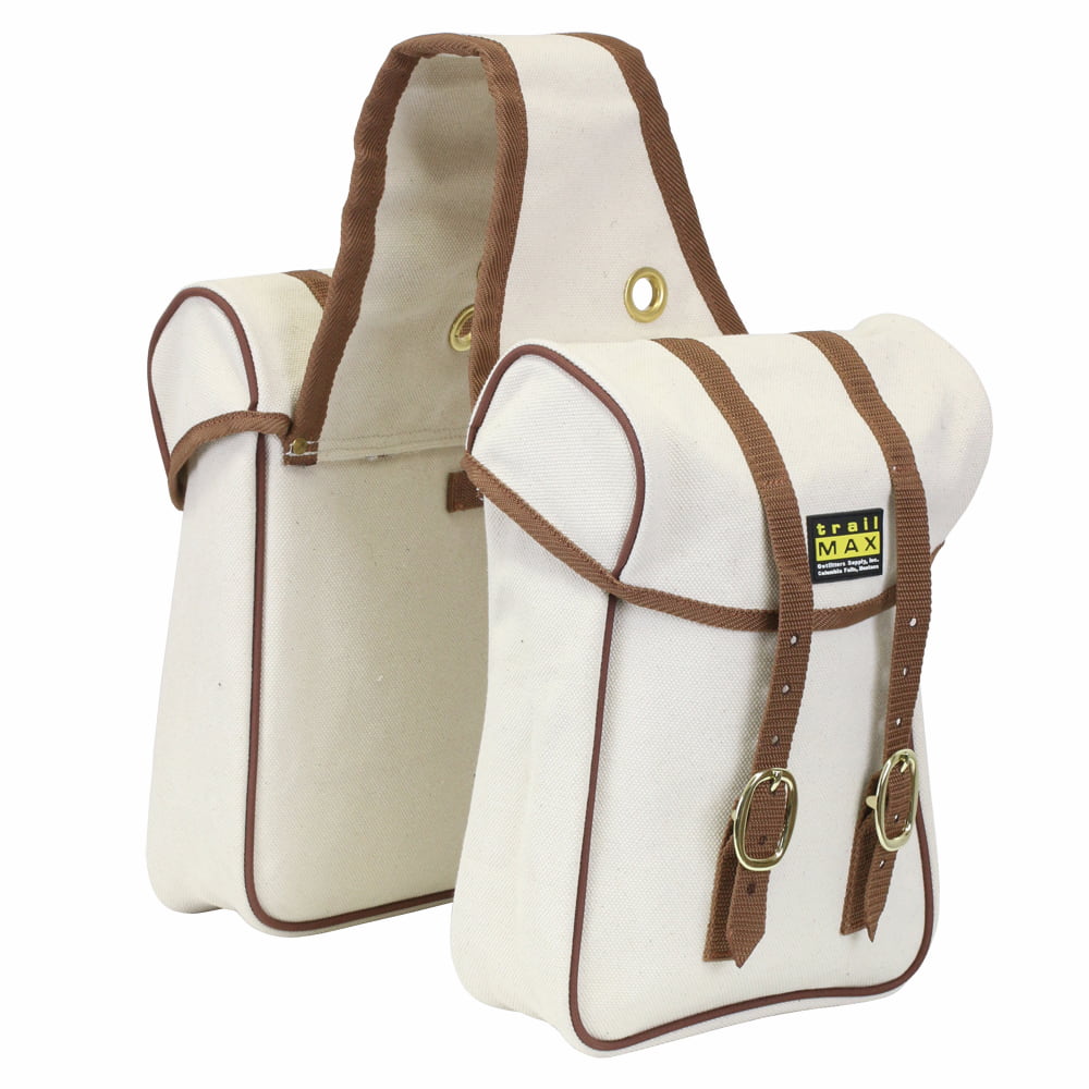 Set of white canvas saddlebags on a white background