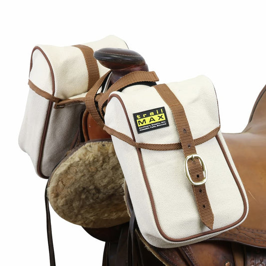 Set of canvas pommel bags on riding saddle