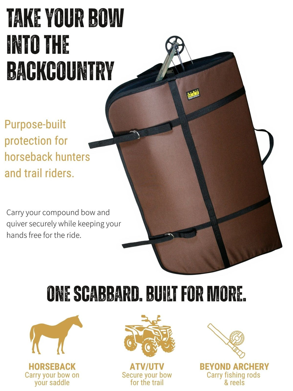 TrailMax Bow Scabbard features 5mm protective padding, rugged 600D Construction, secure attachment for horseback, ATV, UTV.