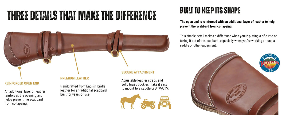 Leather carbine scabbard featuring reinforced open end, premium English bridle leather, adjustable straps to mount on saddle, ATV or UTV