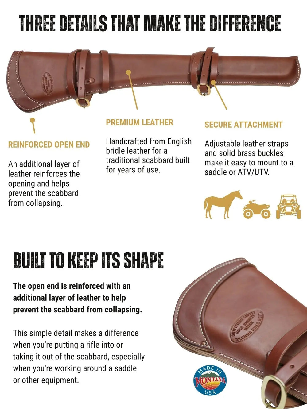 Leather carbine scabbard featuring reinforced open end, premium English bridle leather, adjustable straps to mount on saddle, ATV or UTV