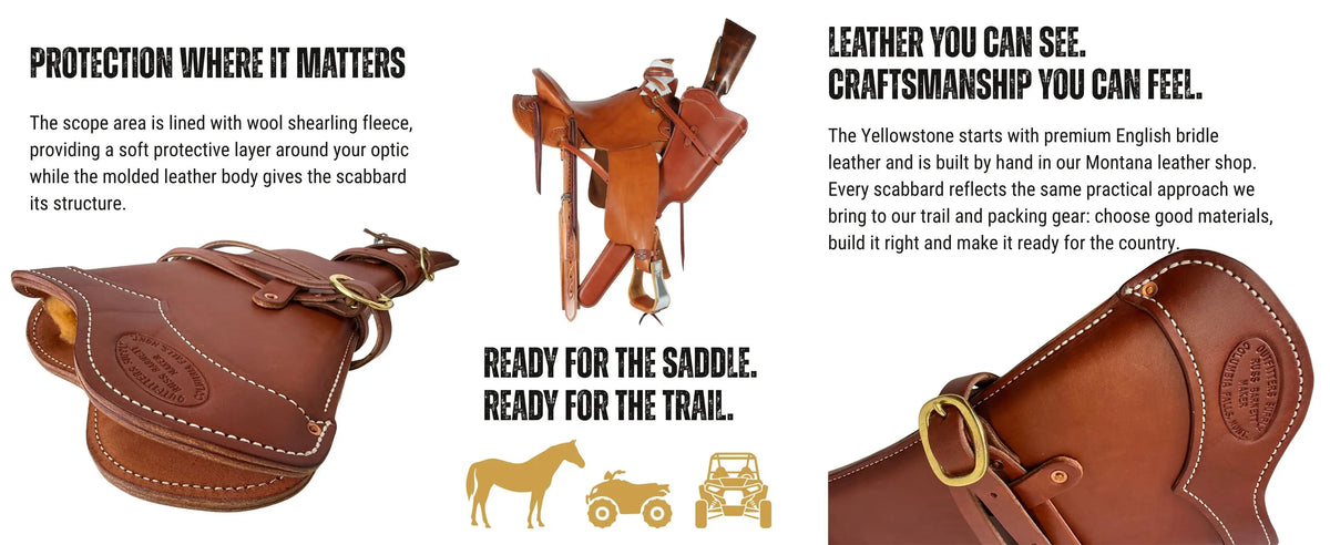 Yellowstone leather rifle scabbard featuring wool shearling scope protection, premium leather construction, and versatile saddle, ATV and UTV mounting options
