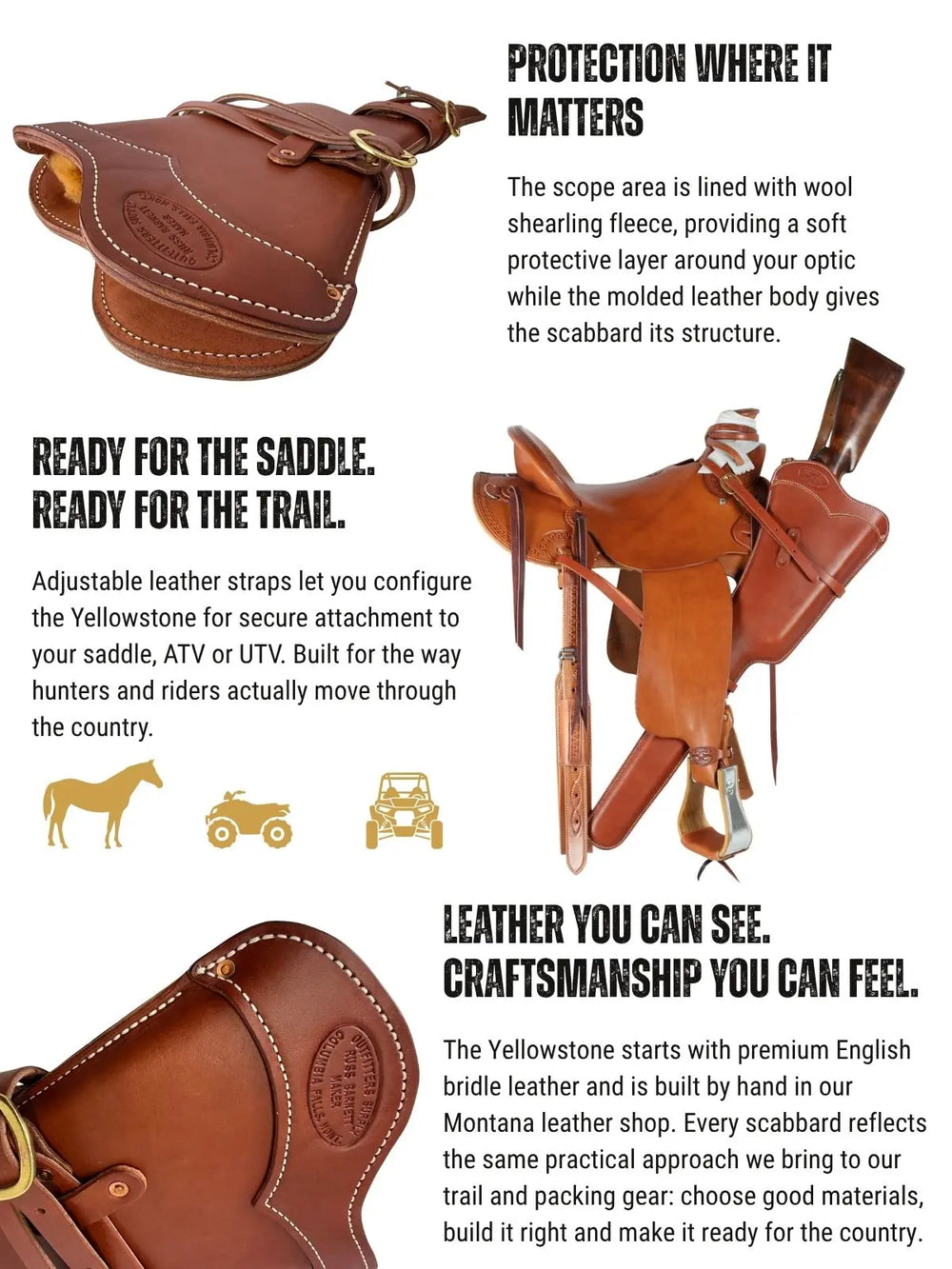Yellowstone leather rifle scabbard featuring wool shearling scope protection, premium leather construction, and versatile saddle, ATV and UTV mounting options