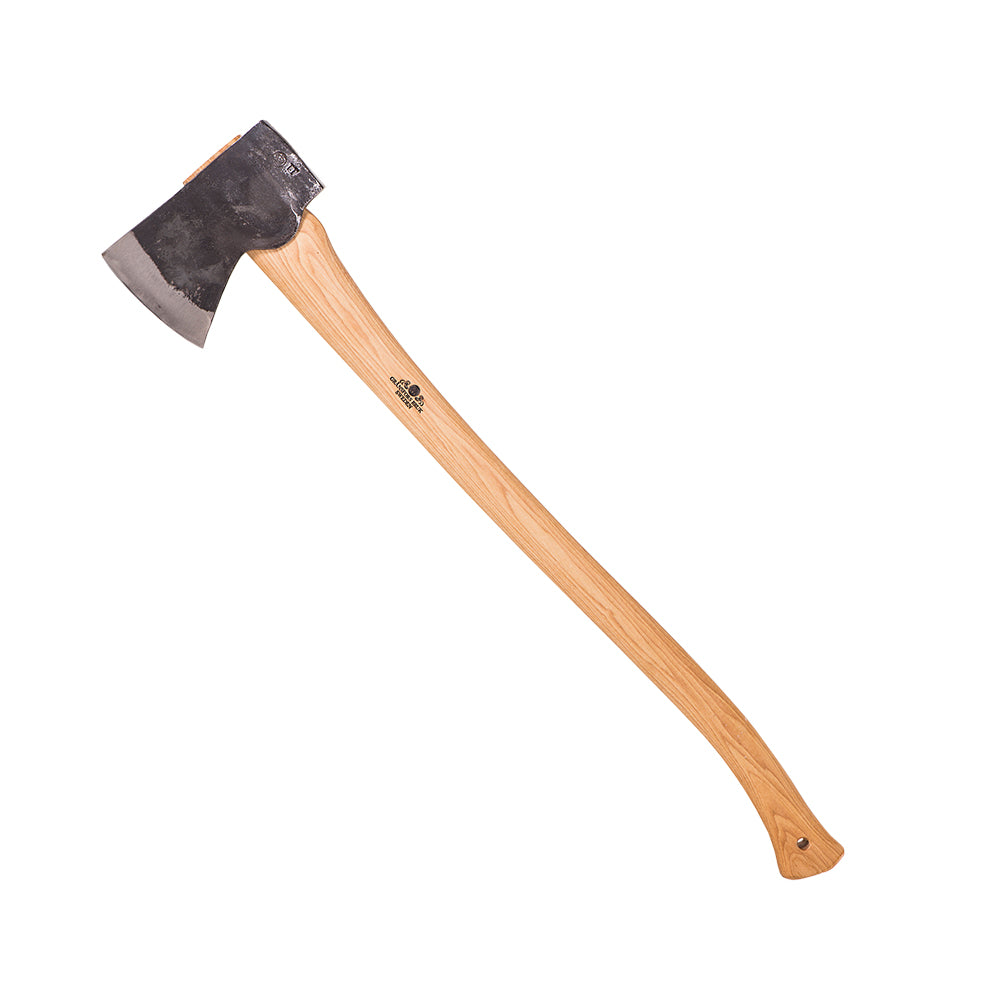 Wooden-handled axe on a white background