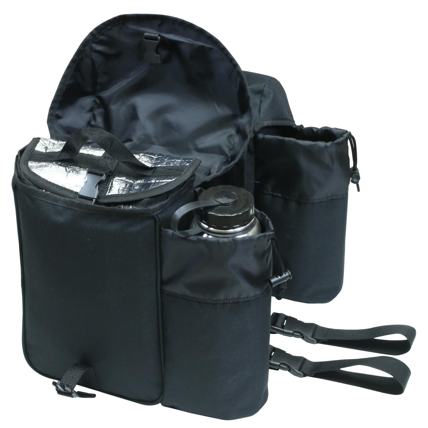 Set of black TrailMax Big Sky Saddlebags on white background showing removable insert in main compartment and water bottle inside the designated water bottle pocket.