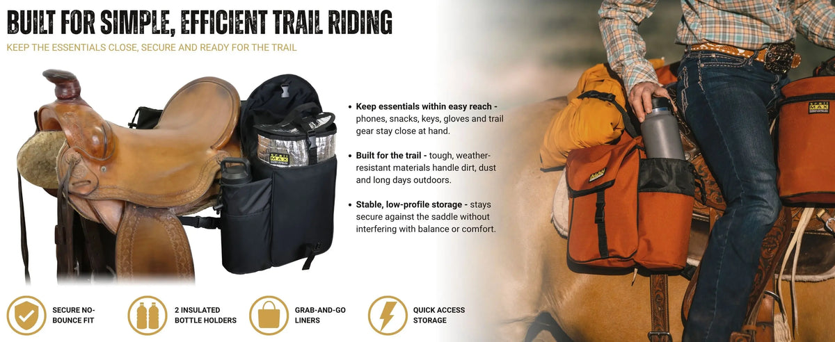 TrailMax Pommel Pocket shown secured to a western saddle and in use on horseback, with storage for gear and two insulated bottle holders.