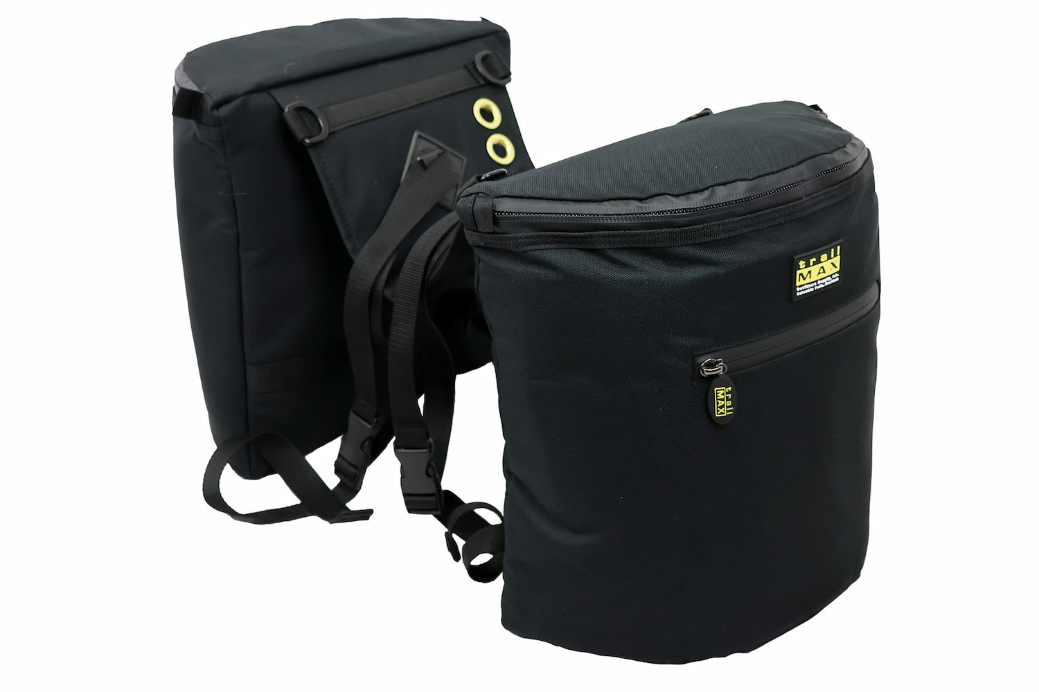 Set of black TrailMax cooler saddlebags on a white background