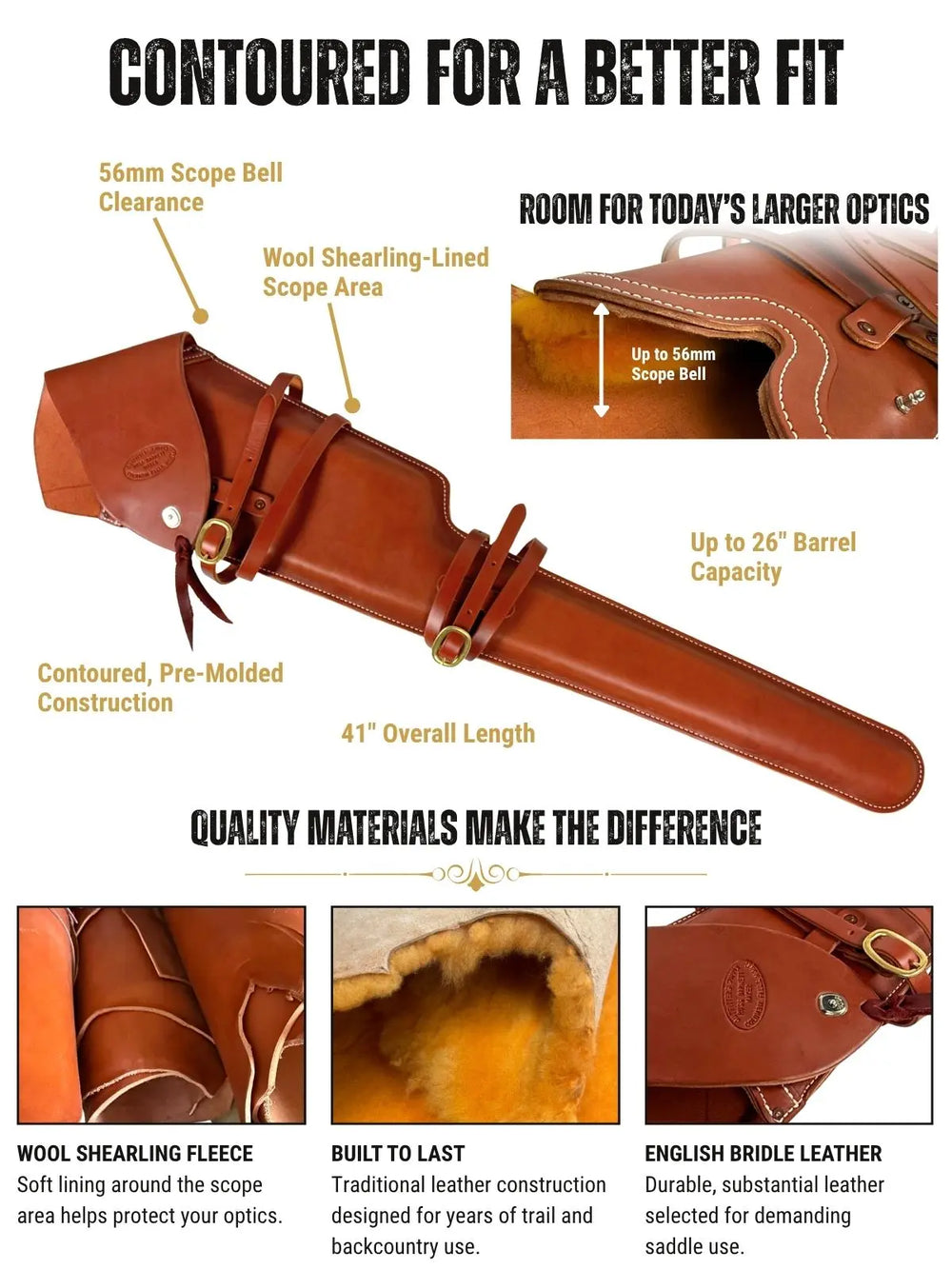 Brown leather scoped rifle scabbard with wool shearling lining, contoured fit, 56mm scope clearance, and capacity for barrels up to 26".