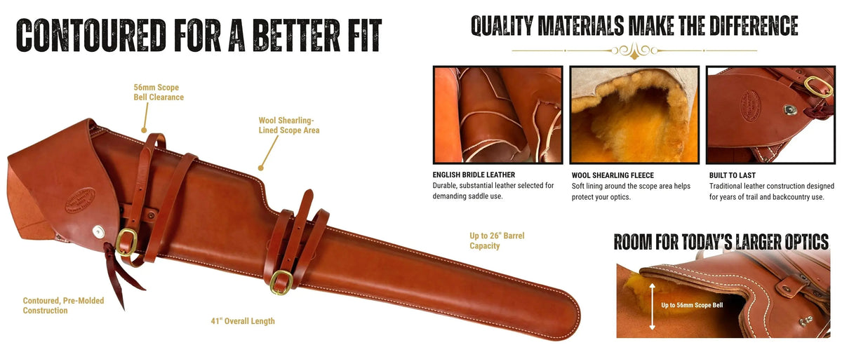 Brown leather scoped rifle scabbard with wool shearling lining, contoured fit, 56mm scope clearance, and capacity for barrels up to 26".