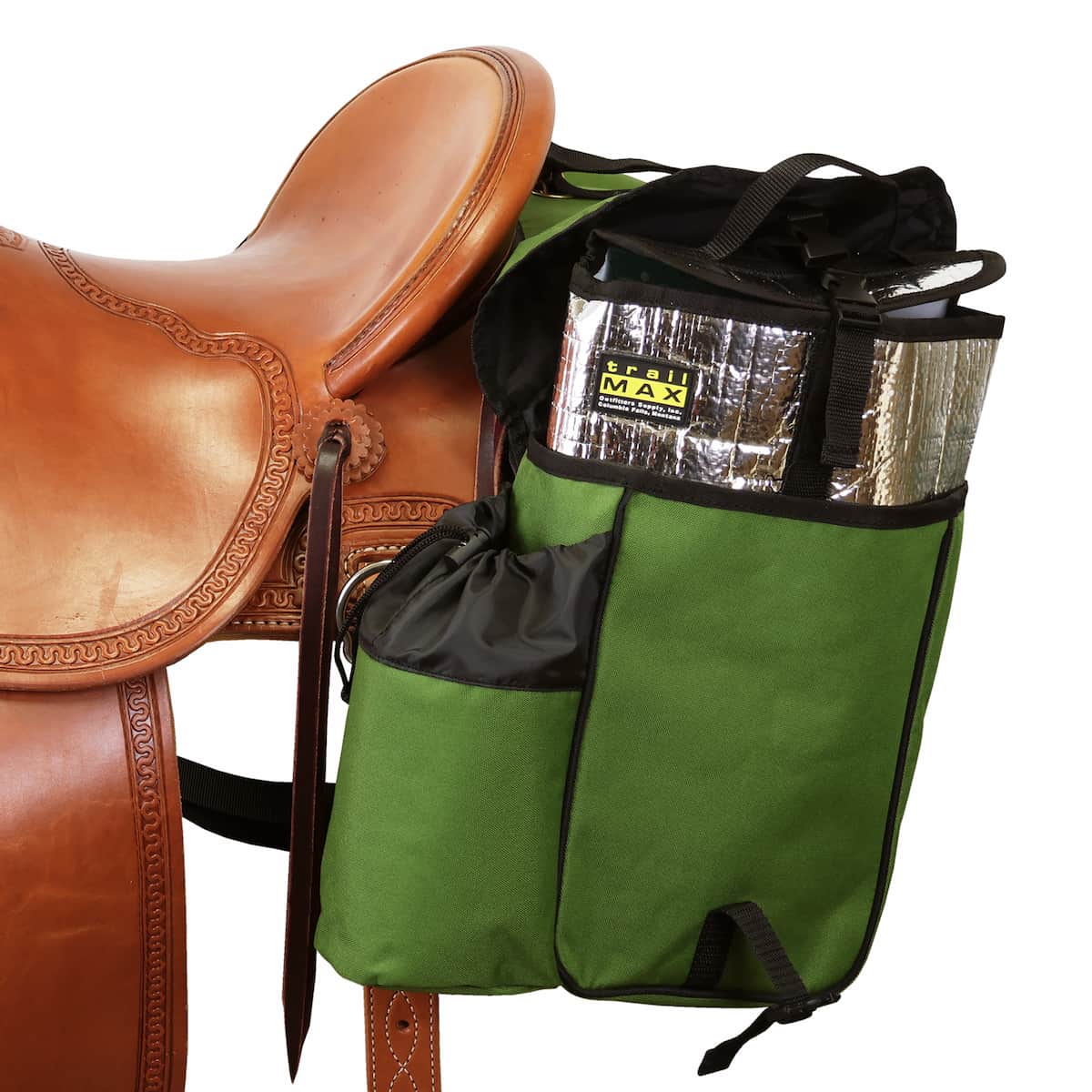 A set of olive TrailMax Big Sky Saddlebags show attached to the back of a saddle with a Grab-and-Go insert showing inside