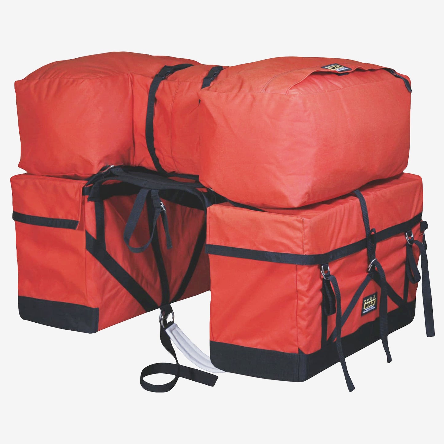 An orange pack system with black straps and buckles, designed to be attached to a riding or pack saddle.