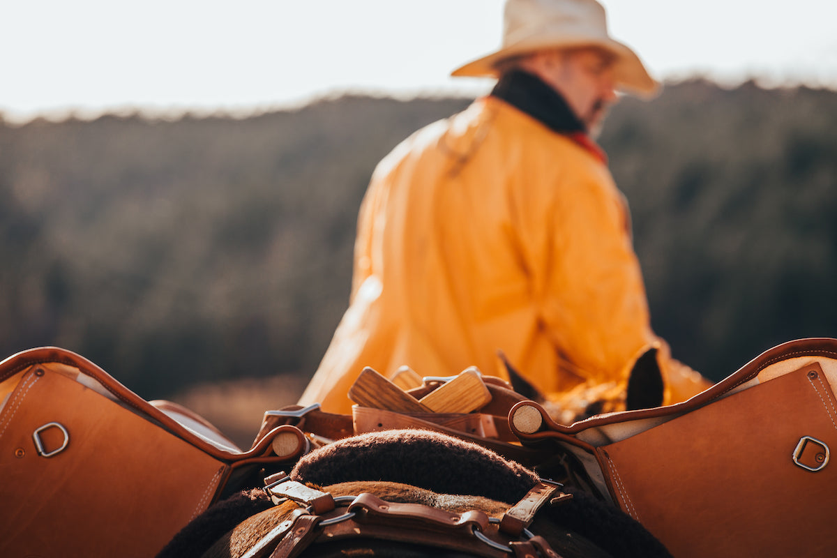 Rear view of man leading a horse with a sawbuck pack saddle. 